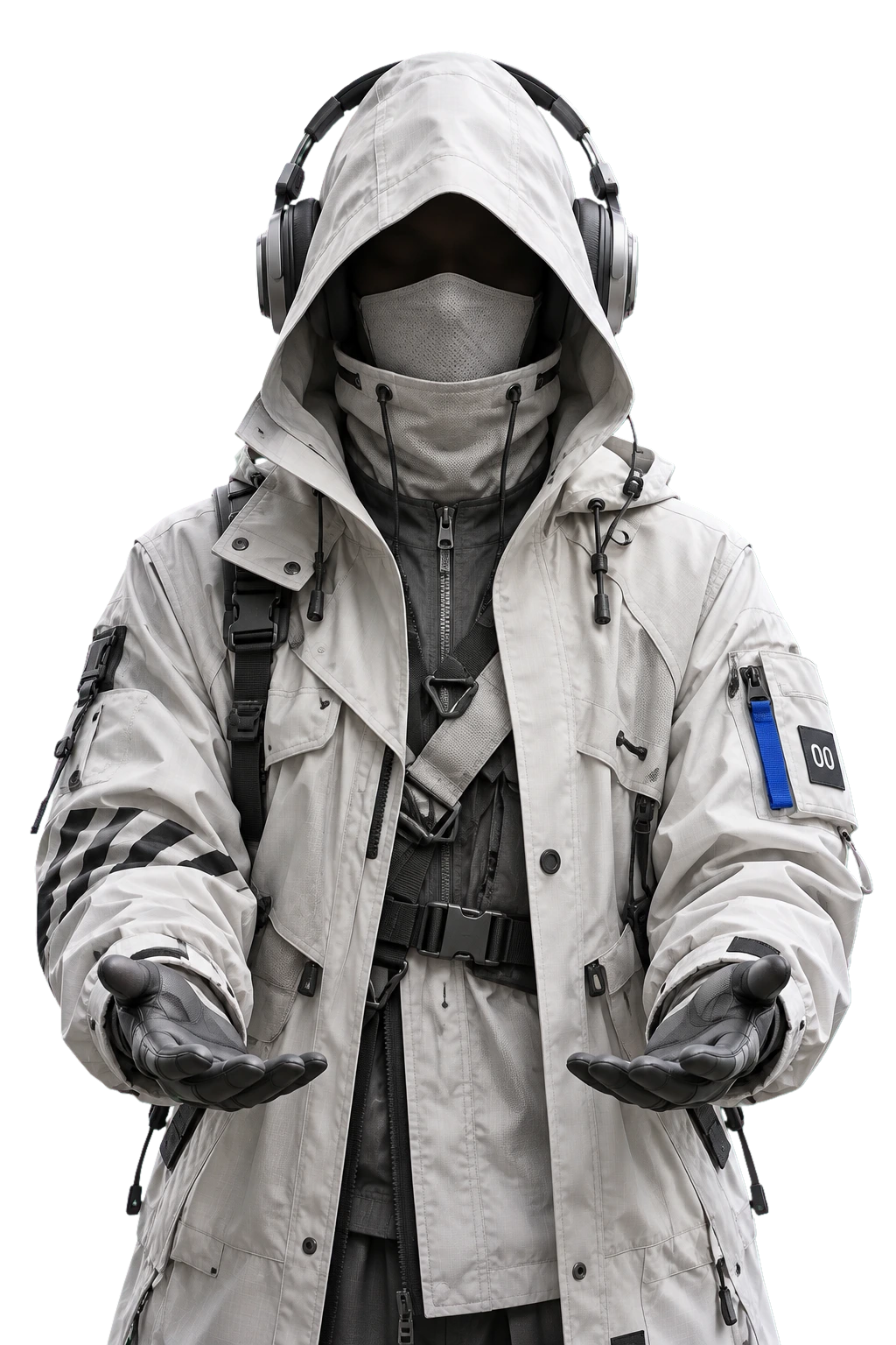 A hooded figure in a white technical jacket, headphones over the hood and the lower face masked, holding out gloved hands; the drawing of the studio floats above them.