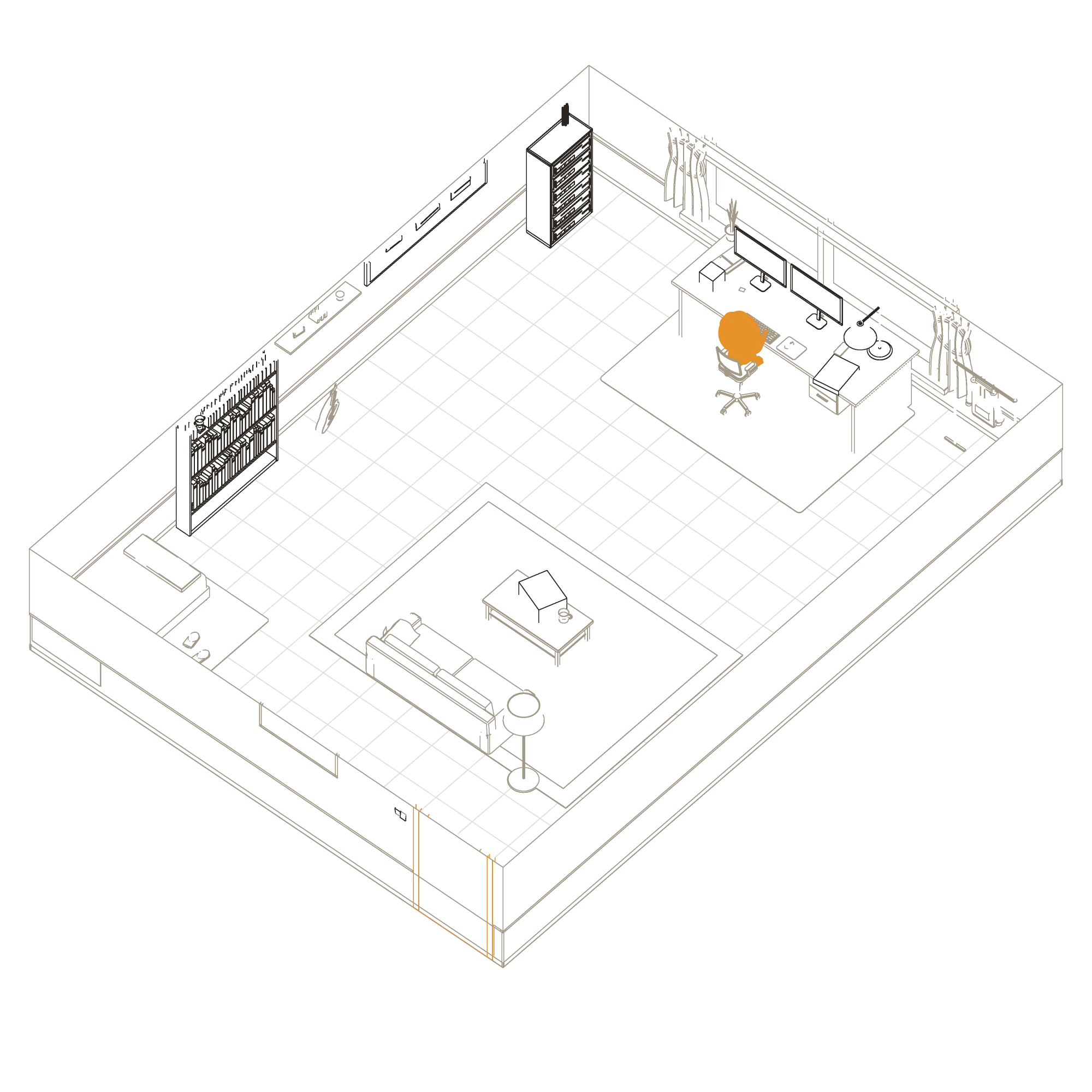 A line drawing of the studio, cut away at waist height: the desk and window at the back, the bookcase on the left, the sofa in the middle, the front door nearest you.